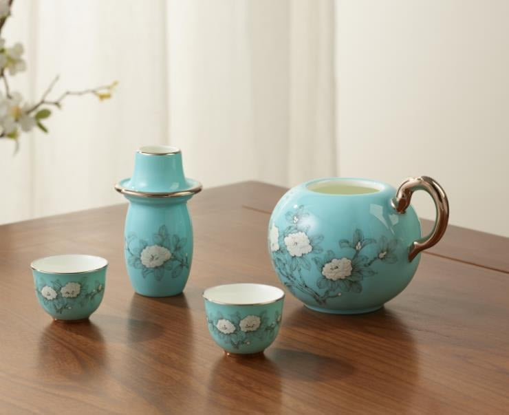 Hand-Painted Blue Rice Wine Set - 4 Pieces, 80 ml