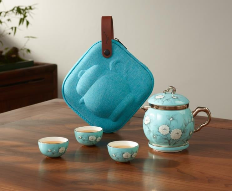 Hand-Painted Blue Travel Tea Set - 7 Pieces