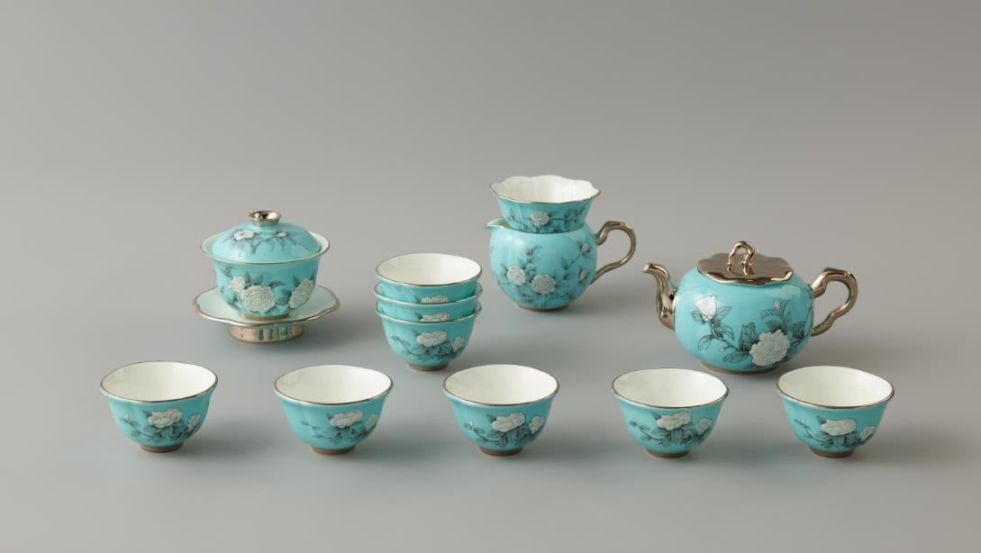 Hand-Painted Blue Tea Set - 15 Pieces