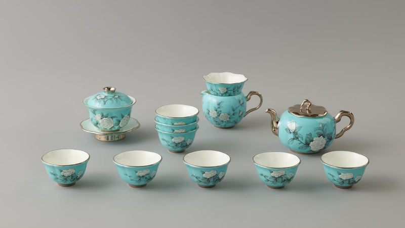 Hand-Painted Blue Tea Set - 15 Pieces