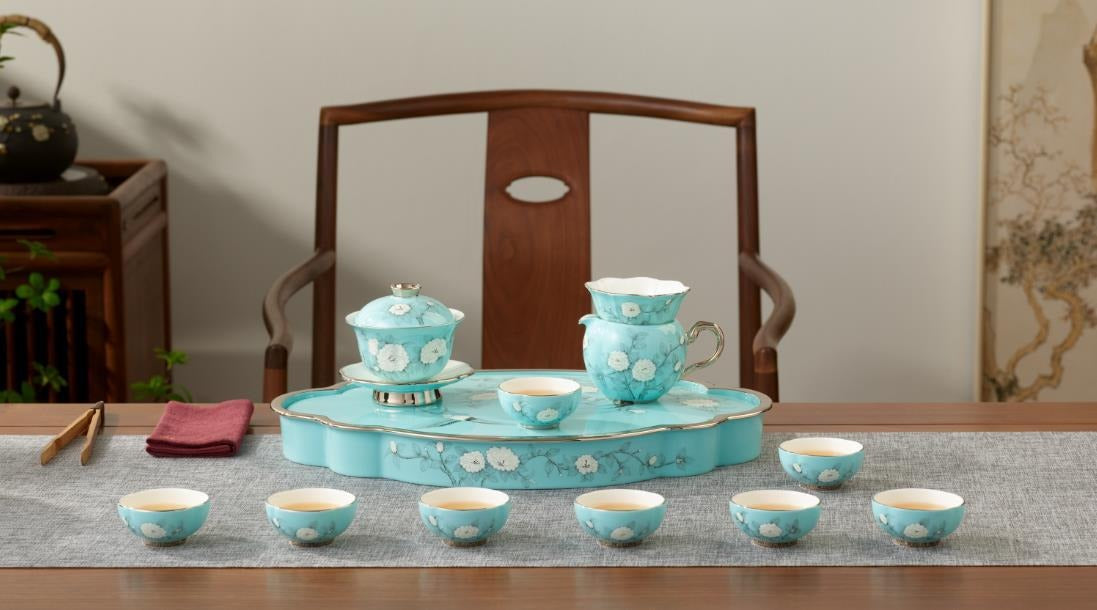 Hand-Painted Blue Gongfu Tea & Gaiwan Set - 15 Pieces