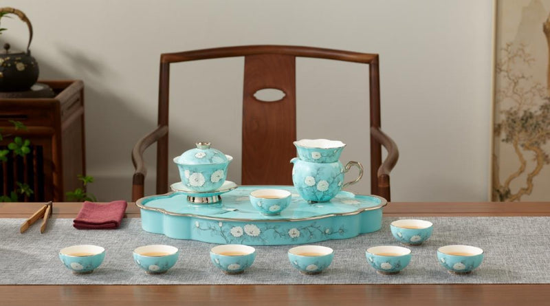 Hand-Painted Blue Gongfu Tea & Gaiwan Set - 15 Pieces