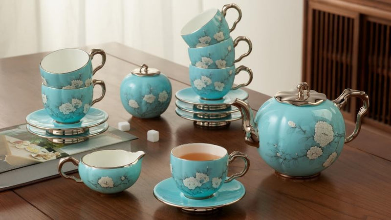 Hand-Painted Blue Coffee Set - 17 Pieces