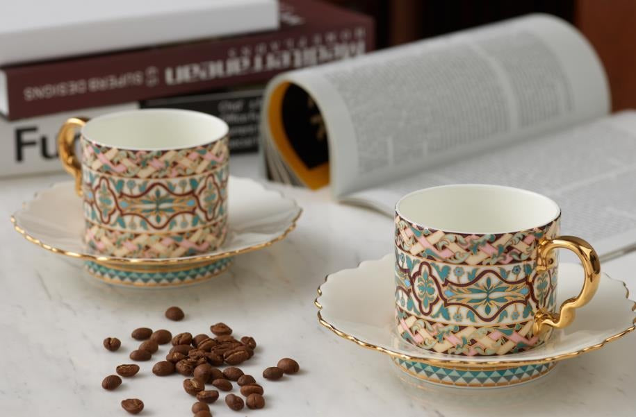 Purple & Gold Coffee Cup & Saucer Pair - 4 Pieces