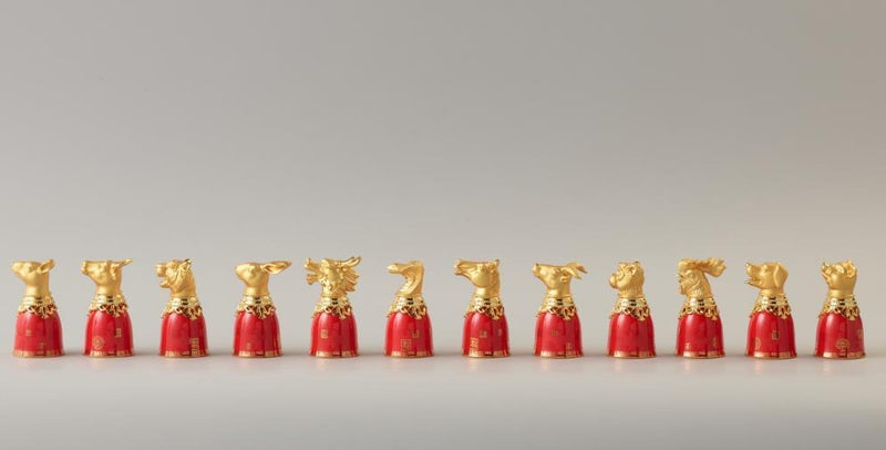 Chinese Zodiac Double-Walled Wine Cup Set - Festive Red