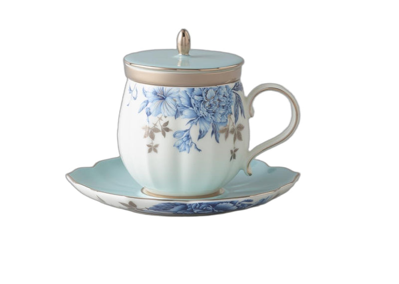 Platinum Blue & White Lidded Cup Set - 4 Pieces, 290 ml
