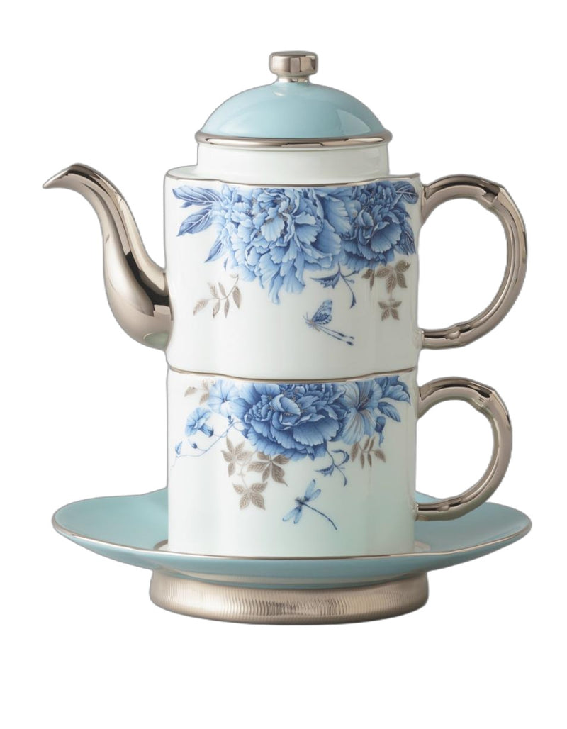 Platinum Blue & White Tea & Coffee Set - 4 Pieces, 180 ml