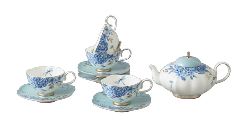 Platinum Blue & White Tea & Coffee Set - 10 Pieces, Service for 4