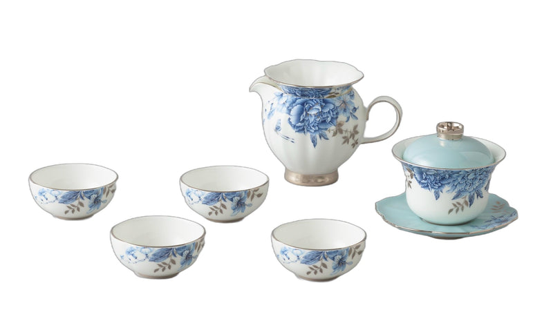 Platinum Blue & White Gaiwan Tea Set - 9 Pieces, Service for 4