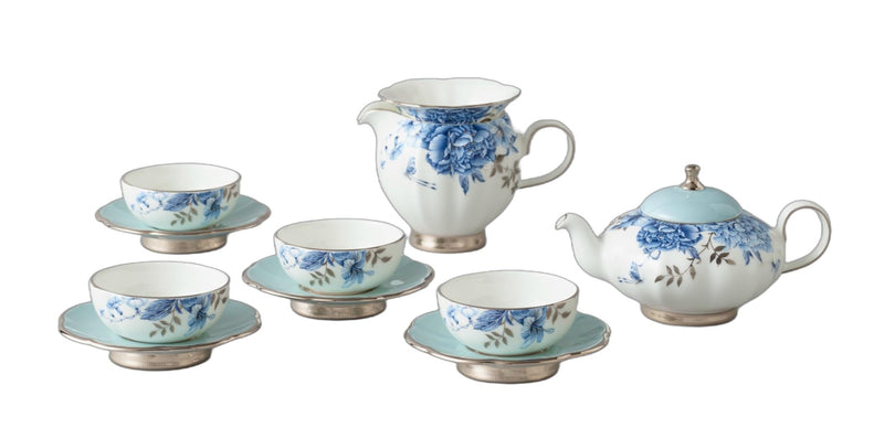 Platinum Blue & White Chinese Tea Set - 12 Pieces, Service for 4