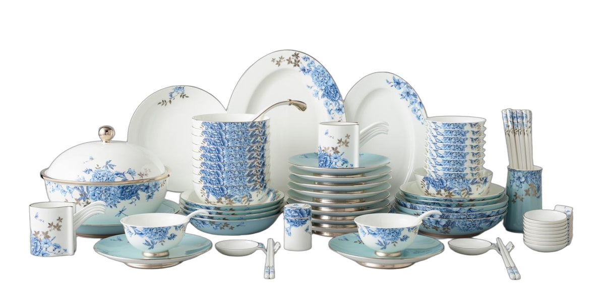 Platinum Blue & White Dinnerware Set - 91 Pieces, Service for 10