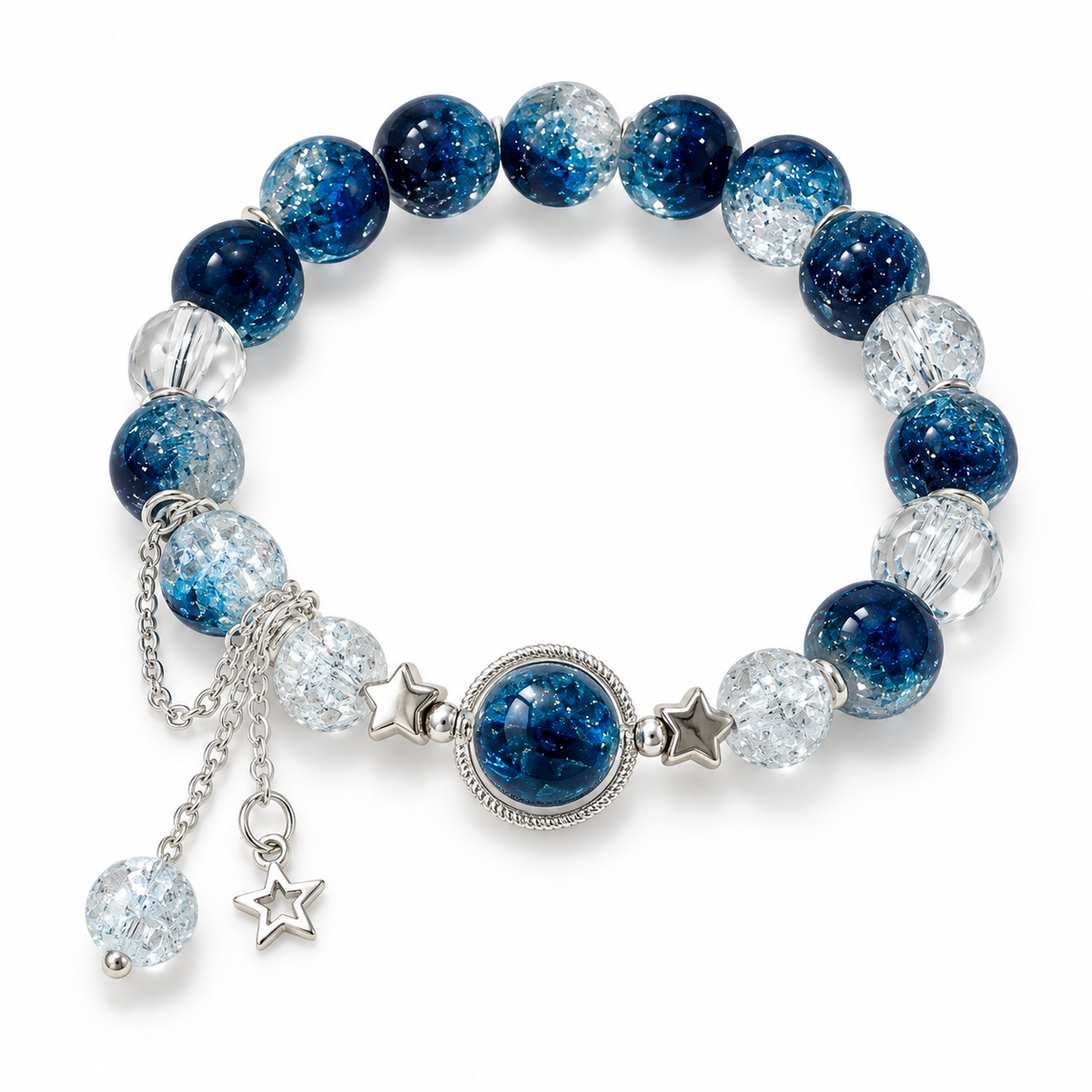 Starry Ocean Bracelet with blue and clear beads, silver-tone stars and dangling charms