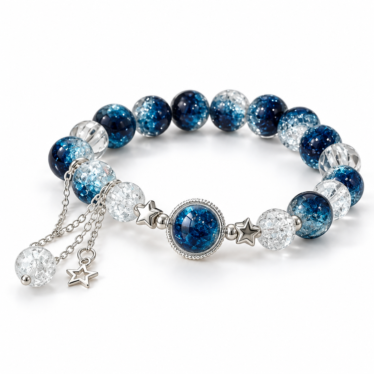 Starry Ocean Bracelet with blue and clear beads, silver-tone stars and dangling charms